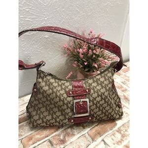 NY&C Purse Logo Handbag Brown & Red Top Handled Small Faux Leather Fabric 12"x7"